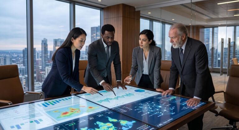 Corporate professionals analyzing data compliance metrics in a modern boardroom setting.