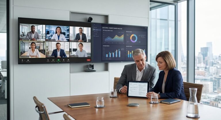 Modern corporate conference room equipped with advanced video collaboration screens and AI technology.