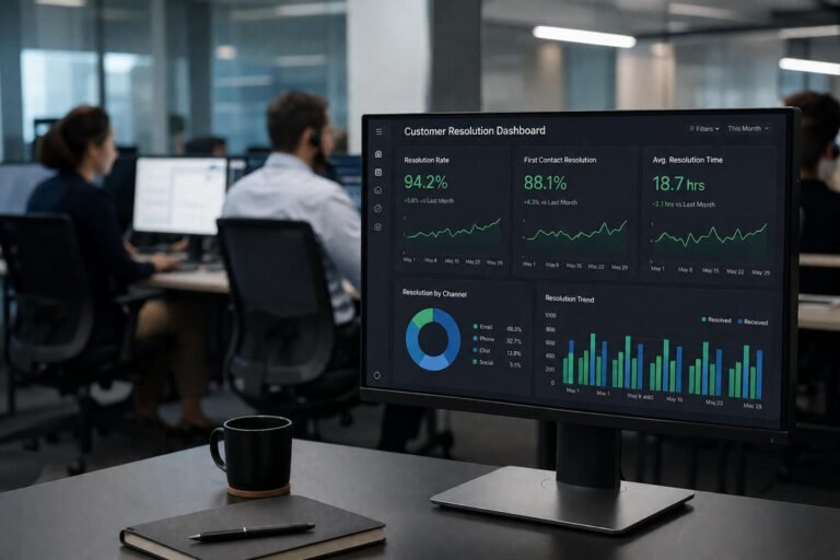 A modern enterprise contact center displaying data analytics on a computer monitor.