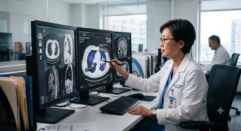 A radiologist reviewing patient medical images assisted by AI diagnostic software in a 2026 hospital setting.