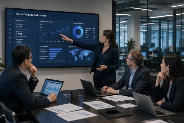 Digital marketing professionals analyzing search data and artificial intelligence trends on a large interactive display.