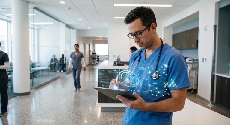 Physician reviewing patient data on a digital tablet in a modern clinical setting.