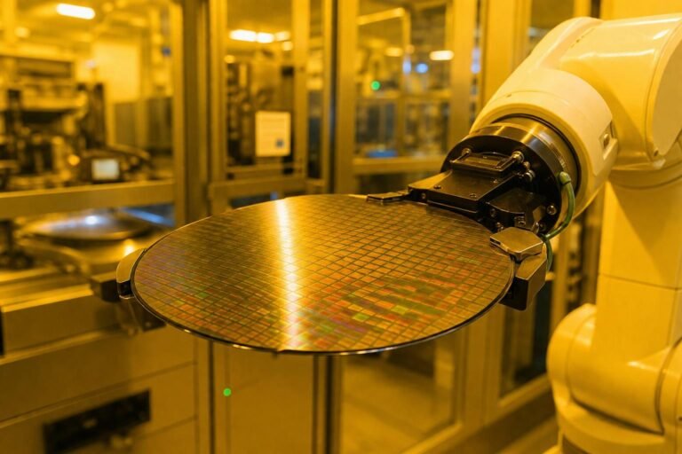 A silicon wafer inside a modern semiconductor fabrication facility.