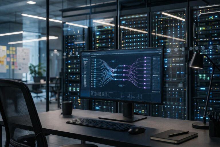 A modern enterprise corporate environment highlighting digital infrastructure and automation technology.
