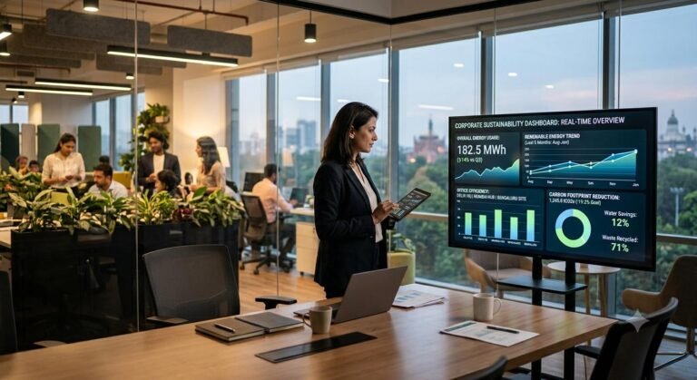 Corporate executive reviewing sustainability data and ESG performance metrics on a screen in a modern office.
