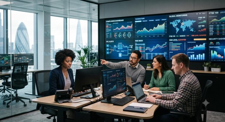 Financial analysts monitoring AI-driven compliance and fraud detection dashboards in a modern corporate office.
