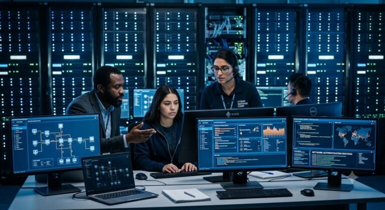 IT security professionals monitoring network traffic and data access controls in a modern server environment.