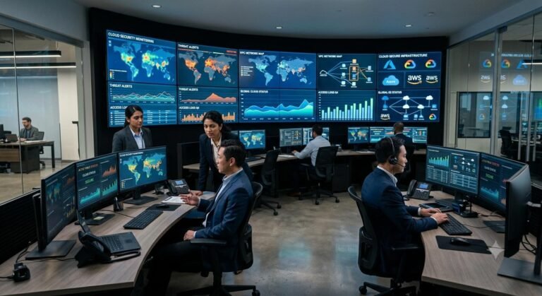 A high-tech security operations center monitoring cloud infrastructure in 2026.