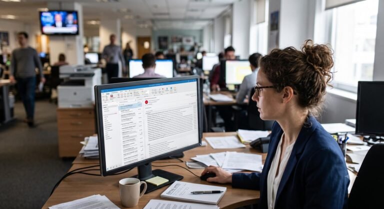 A computer monitor displaying a crowded email inbox in a busy newsroom setting.