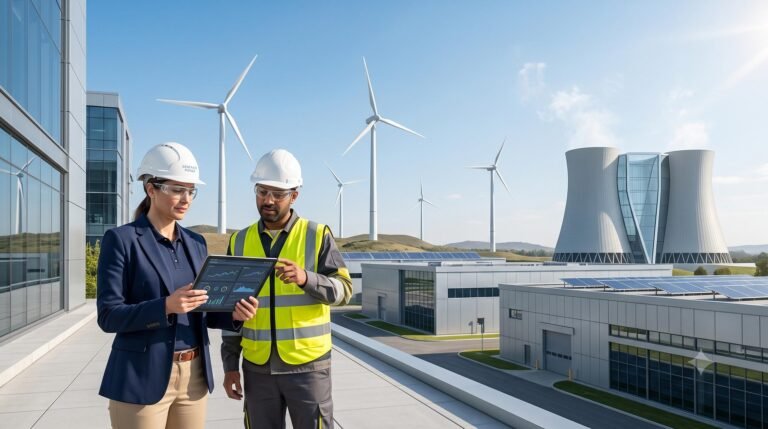 Corporate professionals reviewing technical data at a modernized, low-emission industrial facility.