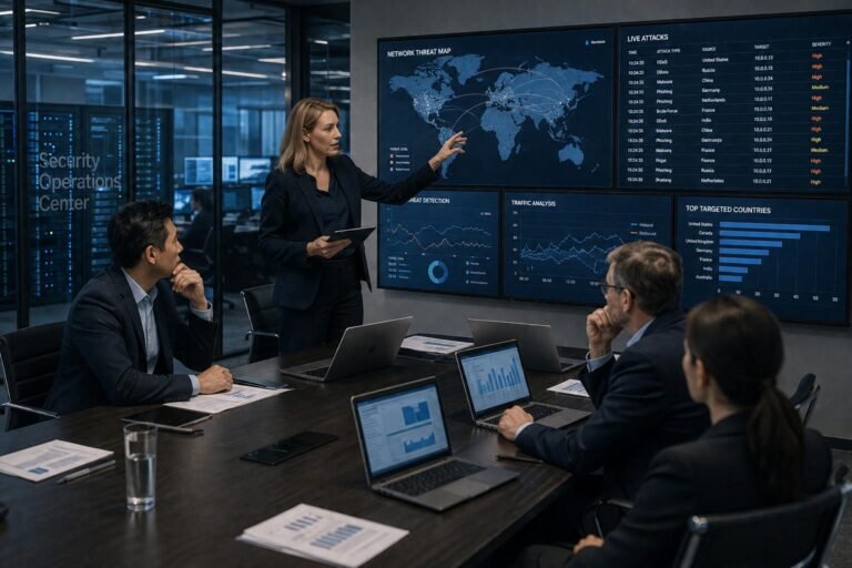 Corporate security professionals reviewing network defense telemetry in a modern operations center.