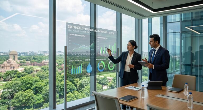 Corporate executives reviewing sustainability data on a digital display.