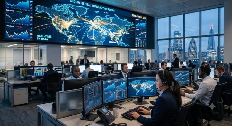 Digital screens displaying global financial data and network connections representing cross-border payment flows.