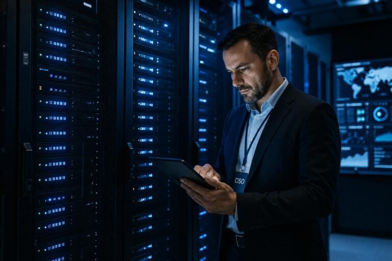 IT security professional reviewing network data in a server room.