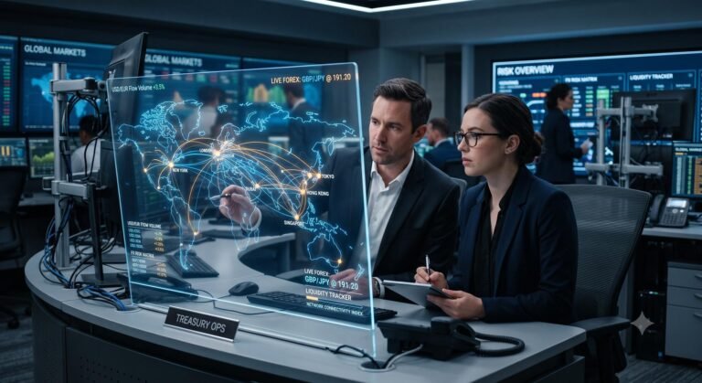 Financial analysts monitoring cross-border digital payment flows on a data screen.