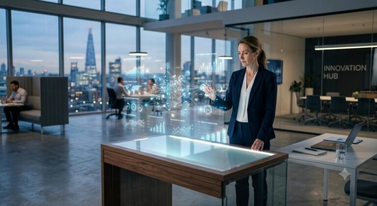 A corporate professional analyzing digital transformation metrics in a modern office.