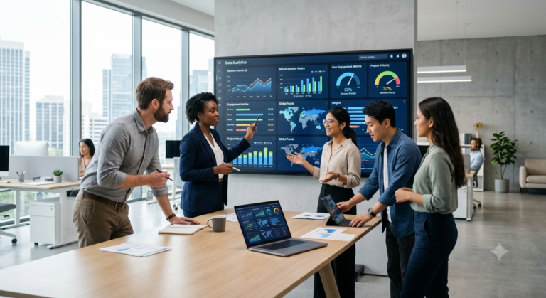 A professional team working on a digital transformation strategy in a modern office.