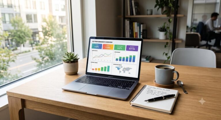 A modern workspace showing a laptop and notepad, representing digital PR and SEO strategy.