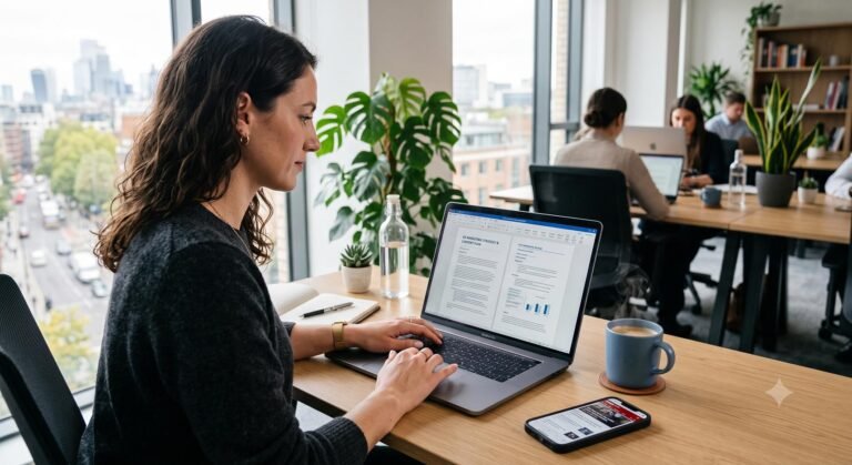A communications professional drafting a corporate press release on a laptop in a modern office setting.
