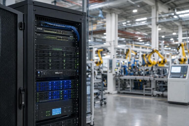 A ruggedized edge computing server rack deployed on a modern manufacturing floor.