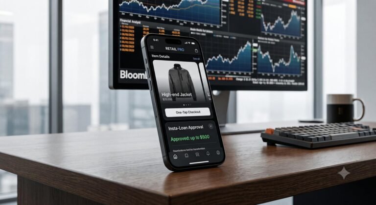 Smartphone showing embedded finance tools like checkout and instant loans inside a retail application.