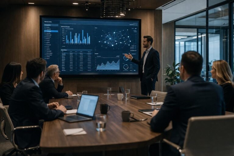 Corporate executives reviewing enterprise data and technology integration metrics on a digital screen.