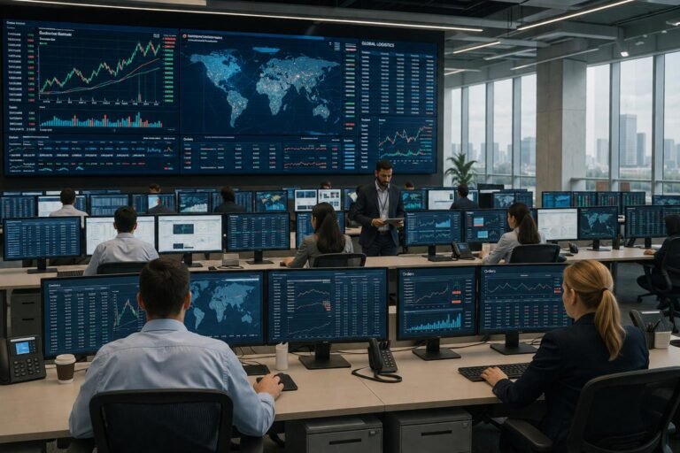 Corporate operations center with analysts monitoring business performance on digital dashboards.
