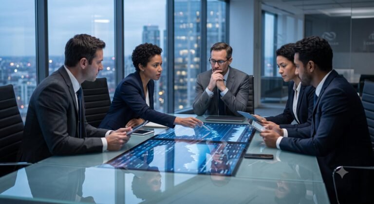 Corporate executives analyzing financial charts and cybersecurity spending forecasts in a modern boardroom.