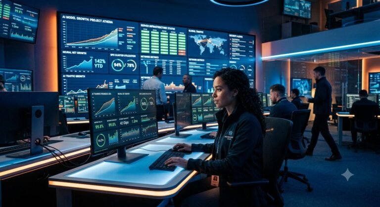 A data center server room with modern analytical dashboards on display in a professional tech environment.