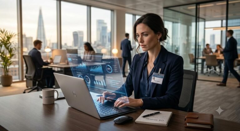 Professional working on a modern, high-performance AI-integrated laptop in a corporate office.