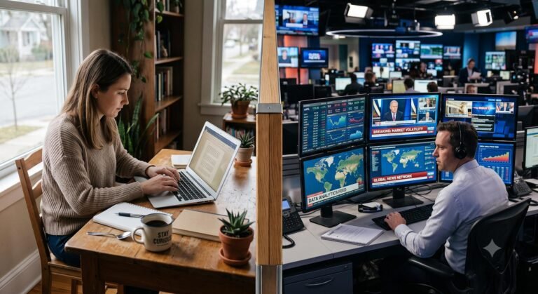 Split view comparing a basic laptop setup with a professional media newsroom terminal.
