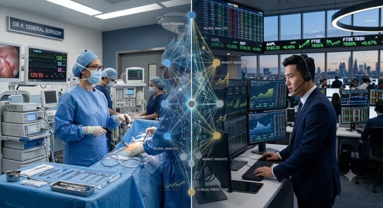 Professional representation of generative AI technology integration in healthcare and financial services sectors.