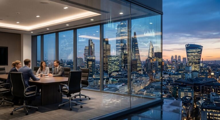 Corporate executives in a modern high-rise boardroom discussing the 2026 global AI market expansion and enterprise technology investments.