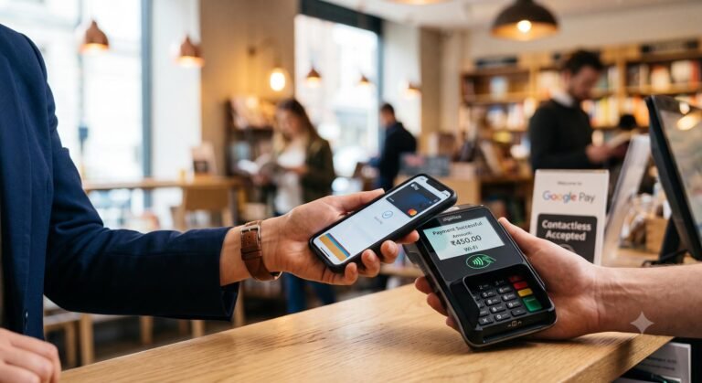 Customer using a digital wallet on a smartphone to make a contactless payment at a retail store.