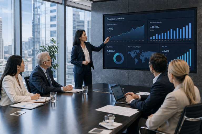 Corporate executives reviewing financial data and technology investment charts in a modern boardroom.