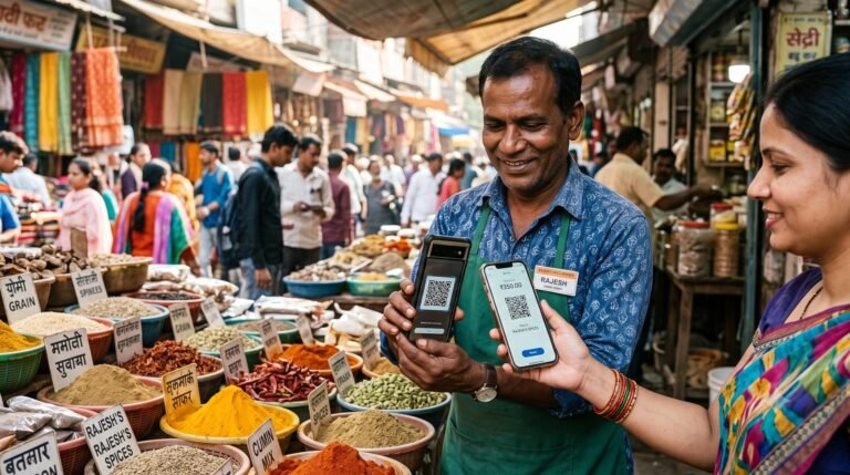 A local market vendor processing a digital mobile payment on a smartphone.