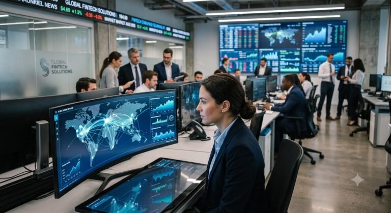 Digital data visualizations on a terminal representing real-time global payment networks in a modern financial technology office.