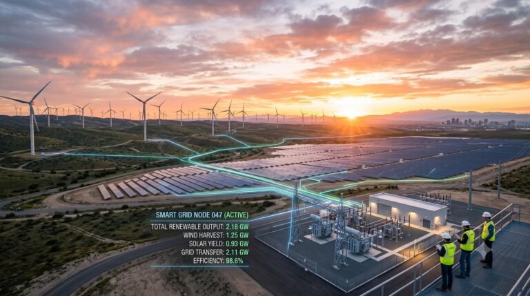 Aerial view of a large-scale renewable energy facility with wind turbines and solar panels at sunrise, representing global investment trends in 2026.