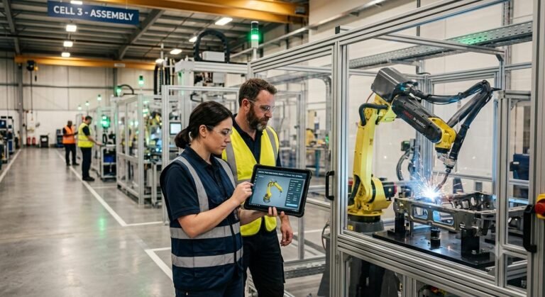 Workers monitoring automated robotic production line in a smart manufacturing facility.