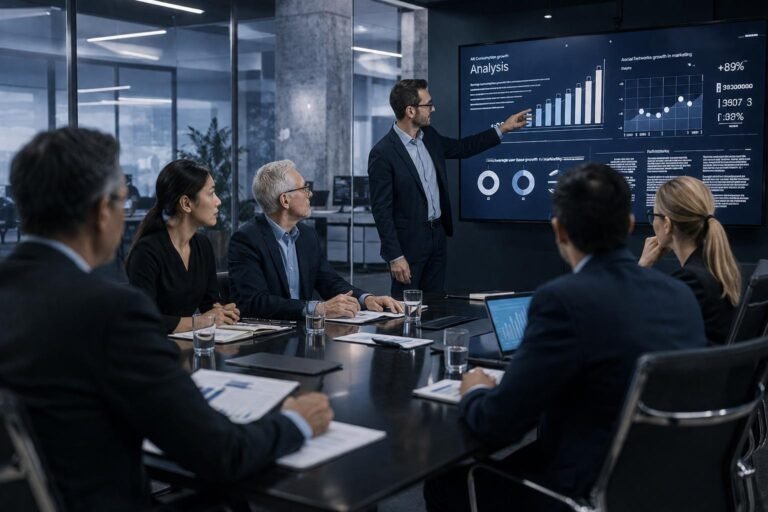 Corporate executives reviewing cybersecurity budget charts in a modern boardroom.