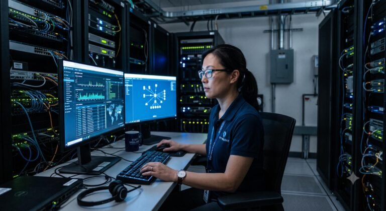 IT security professional monitoring healthcare data systems in a hospital server room.