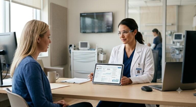 A physician reviewing digital patient health data on a tablet in a modern clinical setting.