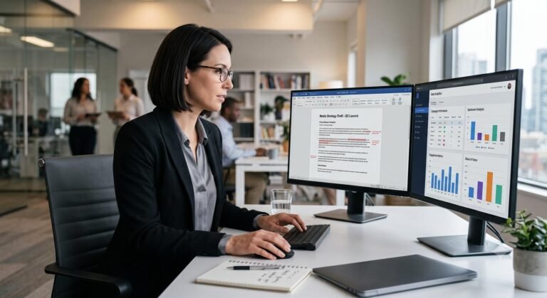 A public relations professional reviewing digital content on multiple monitors in a modern office.