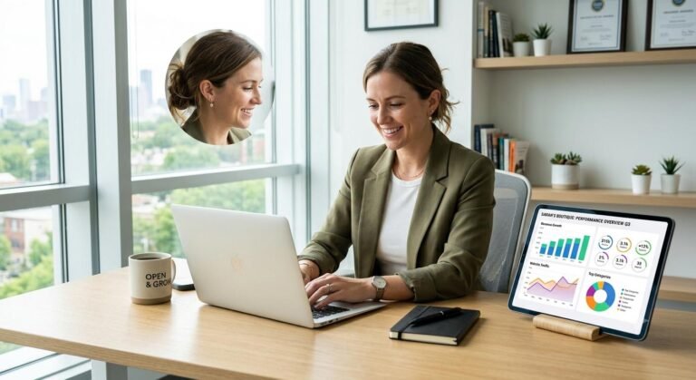 Small business owner using AI tools for business productivity and data analysis.