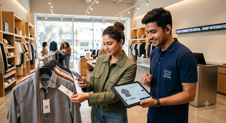 A retail customer and store associate interacting using mobile technology in a modern physical store environment.