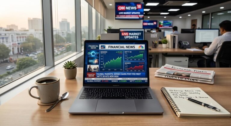 A modern workspace showing a laptop with news feeds, representing press release distribution and media relations.