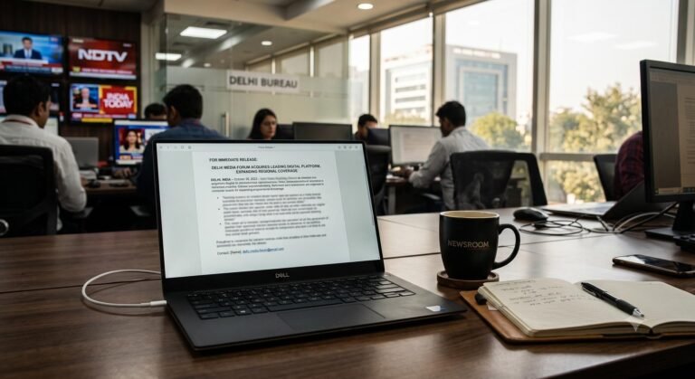 A laptop displaying a press release next to a notebook, representing digital PR and SEO strategies.