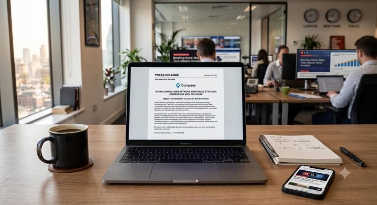 A modern desk setup showing a press release document on a laptop screen next to a reporter's notebook.