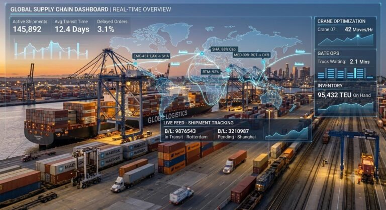 A global logistics center using digital commerce technology for international trade.