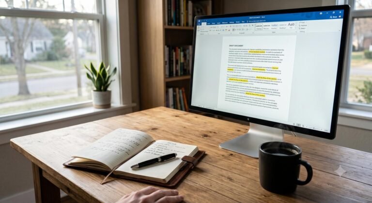 A professional editor reviewing a document on a computer screen.